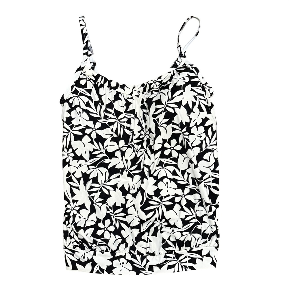 Lands End Womens Black White Floral Blouson Tankini Swim Top Adjustable Strap 12